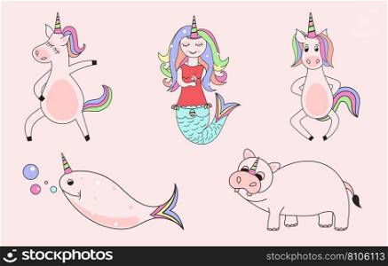 Set 2 of unicorn character elements Royalty Free Vector
