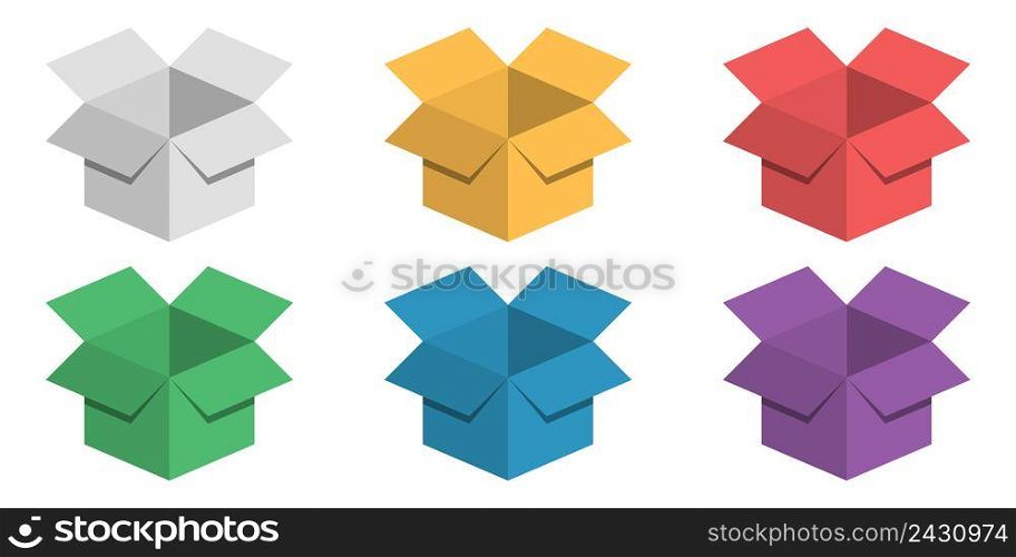 Set 3D BOX festive colorful cardboard box packaging for gifts, vector collection for delivery, shipping, warehouse, isolated on white background