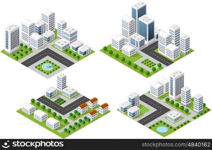 Set 3d isometric three-dimensional city with houses, skyscrapers, buildings and streets with traffic. Top view of urban infrastructure for the creation and design.