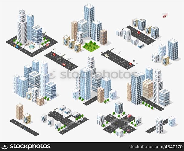 Set 3d isometric three-dimensional city with houses, skyscrapers, buildings and streets with traffic. Top view of urban infrastructure for the creation and design