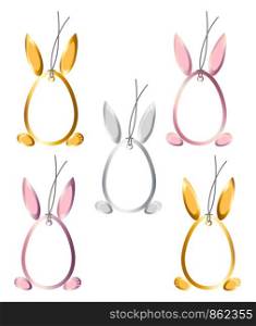 Set 5 Easter Hangtags Eggs Bunny Ears Feet Frame Gold, Silver, Rose Color on White, stock vector illustration