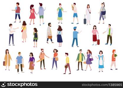 Set a crowd of people characters go about their business, make purchases, loving couples, single, sellers, buyers. Set a crowd of people characters go about their business, make purchases, loving couples, single, sellers, buyers. Trend graphic style, Flat cartoon, tiny people, isolated, vector, illustration