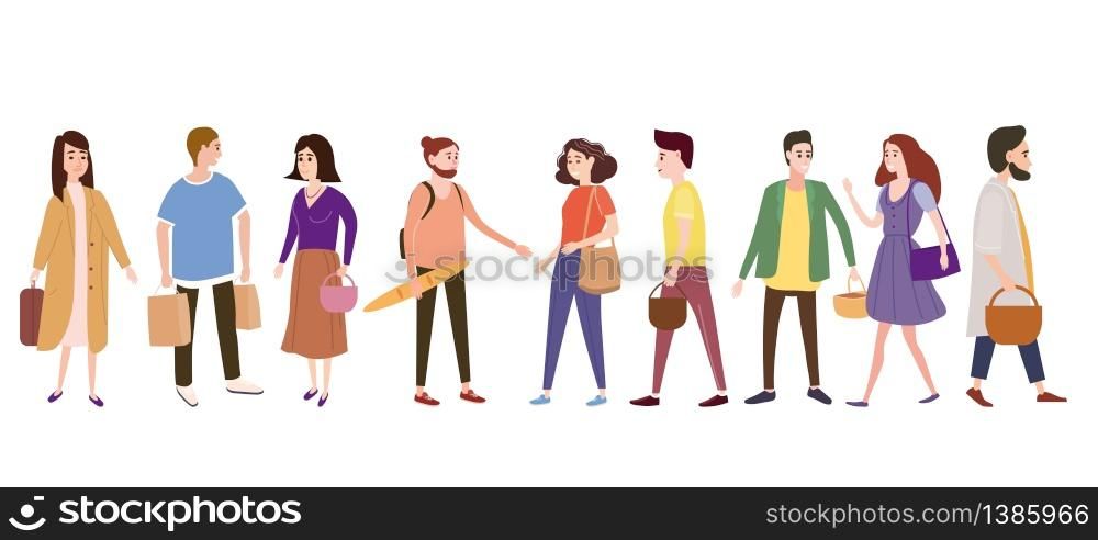 Set a crowd of people characters go about their business, make purchases, loving couples, single, sellers, buyers. Set a crowd of people characters go about their business, make purchases, loving couples, single, sellers, buyers. Trend graphic style, Flat cartoon, tiny people, isolated, vector, illustration