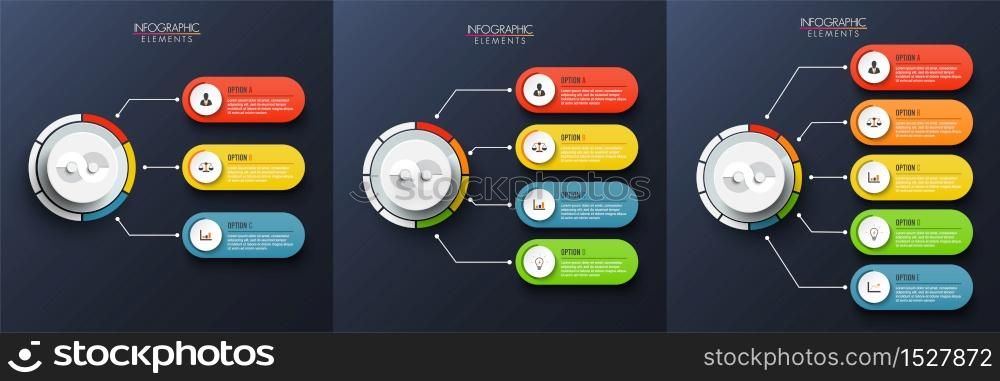 Set abstract elements of graph Vector infographic template with label, integrated circles. Business concept with 3, 4 and 5 options. For content, diagram, flowchart, steps, parts, timeline infographics, workflow layout, chart.