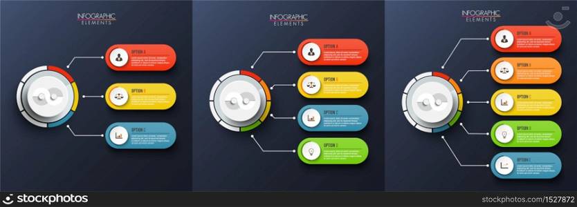 Set abstract elements of graph Vector infographic template with label, integrated circles. Business concept with 3, 4 and 5 options. For content, diagram, flowchart, steps, parts, timeline infographics, workflow layout, chart.