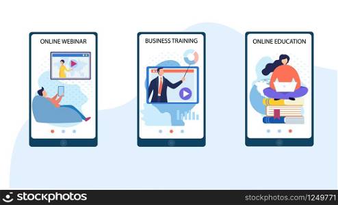 Set Advertising Flyer Inscription Online Webinar. Banner Written Business Training, Online Education. On Smartphone Screen Man in Suit is Teaches with Pointer. Vector Illustration.