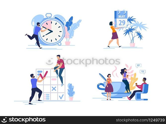 Set Advertising Poster Time Management Cartoon. Statement Problem and Work on Result. Employees Plan their Working Hours with Help Calendar. Guy Holds Clock Hand. Vector Illustration.