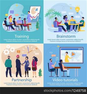 Set Advertising Poster Video Tutorials, Lettering. Banner Inscription Training, Brainstorm, Partnership. Head Increases Efficiency his Company. Woman Holds Meeting for Company Partners.