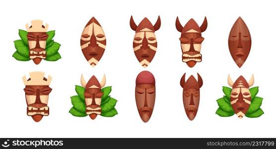 Set African tribal wooden mask, totem face, aborigine avatar in cartoon style isolated on white background. Detailed objects. Vector illustration