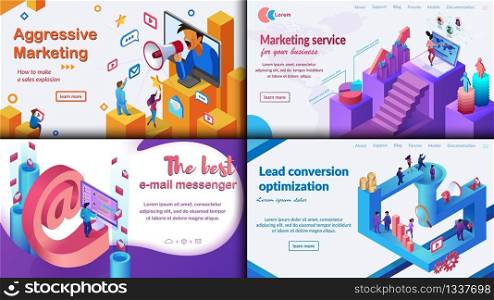 Set Aggressive Marketing How to Make Sales Explosion, the Best E-mail Messenger, Marketing Service, Lead Conversion Optimization for Your Business. Flat Banner Lettering. Vector Illustration.. Aggressive Marketing, the Best E-mail Messenger.