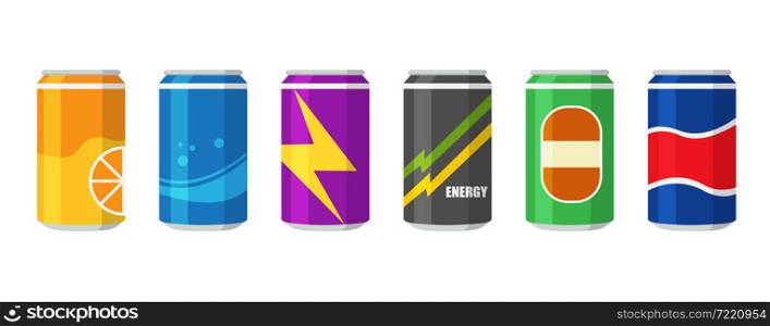 Set aluminum cans isolated on white background. Different drinks in metallic cans. Fresh energy beverage. Vector stock
