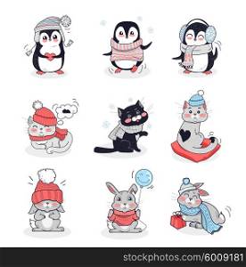 Set animals in warm clothes design flat. Rabbit and penguin, animals vector, cartoon animals, animal clothing scarf, bunny wear in warm hat, bunny clothing comfort, animal hare and kitten illustration