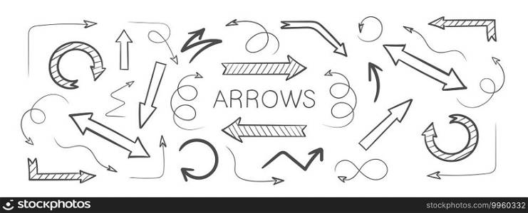 Set arrow icon. Hand drawn arrows. Set of vector curved arrows. Sketch doodle style. Vector illustration