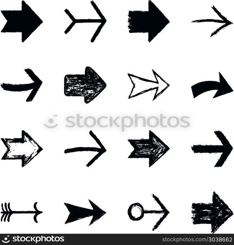 Set arrow sign black texture paint. Set of sixteen black arrow sign painted by painting brushstroke. Ink sketch drawing created in handmade technique. Quick and easy recolor graphic element in technique vector illustration