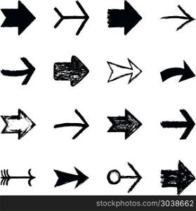 Set arrow sign black texture paint. Set of sixteen black arrow sign painted by painting brushstroke. Ink sketch drawing created in handmade technique. Quick and easy recolor graphic element in technique vector illustration
