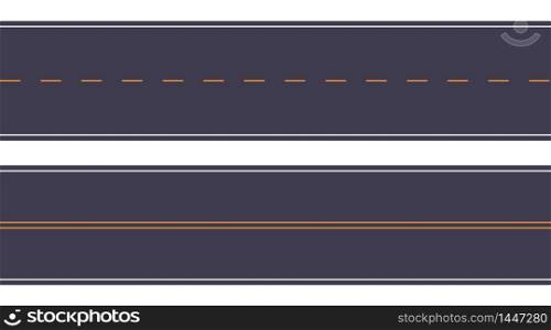 Set asphalt road texture with white stripes at the edges and yellow dashed stripe line in the middle. Top view. Seamless pattern vector illustration on a white background.