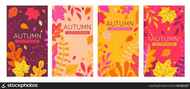 Set autumn banners full of colorful autumn leaves.Fall season flyers,presentations, reports promotion,web and leaflet, card, poster, invitation, website or greeting card. Vector illustration.. Set autumn banners full of colorful autumn leaves.