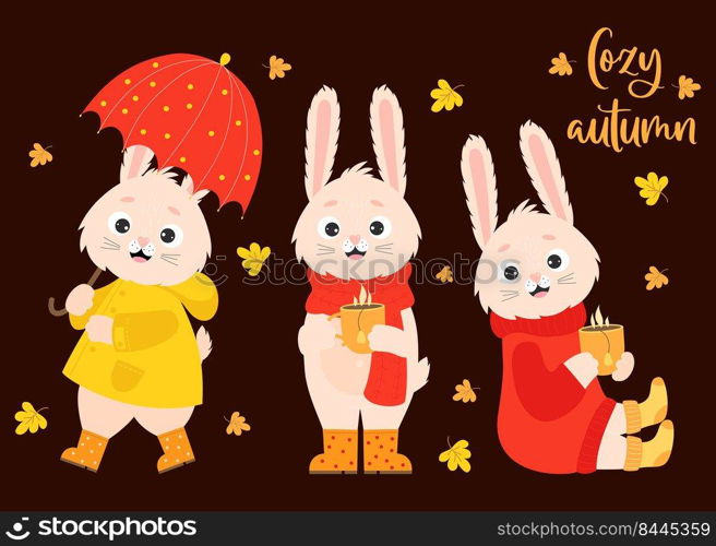 Set autumn rabbits. Cute bunny in raincoat and rubber boots under an umbrella, hare in knitted clothes with cup of hot tea and falling autumn leaves. Vector Rabbit character for fall design and decor