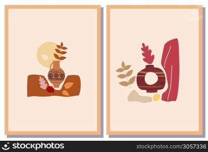 Set Autumn trendy card collage. Minimal shapes vase colour pastel flora. Set Autumn trendy card collage. Minimal shapes vase colour pastel flora. Template fall poster, banner vector illustration isolated