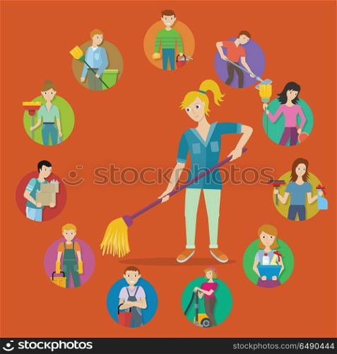 Set Avatar Userpics of Members Cleaning Service. Cleaning service. Set of avatar userpics of male and female members of cleaning service staff with equipment. Choose worker to do cleaning in your house, office, hotel. Housekeeping banner. Vector