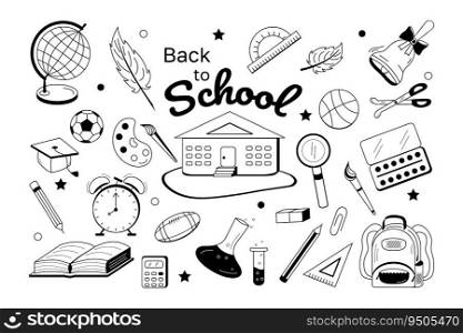 Set Back to school black and white Vector illustration. Icons theme study globe, pen, sheet, school, ball bell, alarm clock, pencil, brush, flask, briefcase, magnifier, paints scissors book calculator. Set Back to school doodle black and white. Vector illustration. Modern teaching and learning symbol.