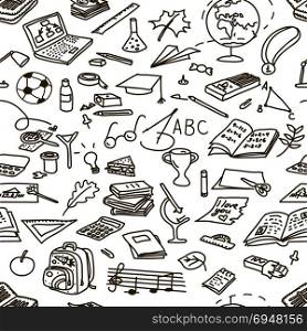 set back to school. Seamless pattern. Vector sketch. Educational objects. Hand drawn doodle set back to school. Seamless pattern. Vector sketch. book, brush, calculator, eraser, fastener, globe, goggles, laptop, medal microscope note paints paperclip pen pencil pin