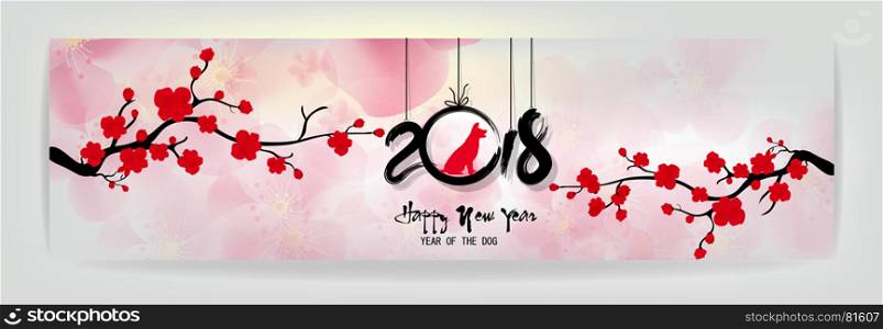 Set Banner Happy new year 2018 greeting card and chinese new year of the dog, Cherry blossom background