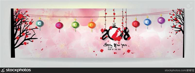 Set Banner Happy new year 2018 greeting card and chinese new year of the dog, Cherry blossom background