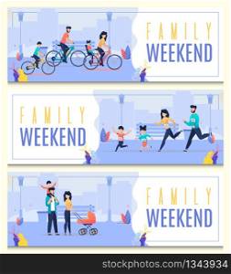 Set Banner Inscription Femily Weekend Cartoon. Parents and Children for Weekend Ride Together on Bicycles, Participate in Sports City Event. Adults and Children Rejoice Together Flat.