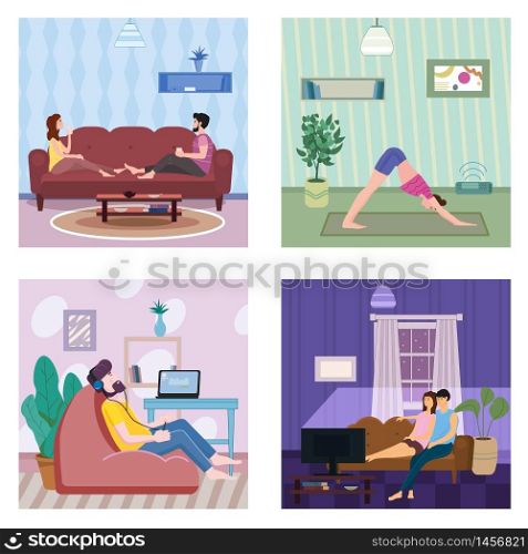 Set banner Stays at home. Woman character practicing yoga, Man listens to music. Young couple watching movies or TV shows on social distancing quarantine. Set banner Stays at home. Woman character practicing yoga, Man listens to music. Young couple watching movies or TV shows on social distancing quarantine. Vector social illustration during a virus pandemic. Banner isolated