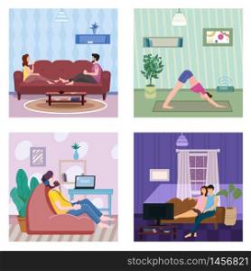 Set banner Stays at home. Woman character practicing yoga, Man listens to music. Young couple watching movies or TV shows on social distancing quarantine. Set banner Stays at home. Woman character practicing yoga, Man listens to music. Young couple watching movies or TV shows on social distancing quarantine. Vector social illustration during a virus pandemic. Banner isolated