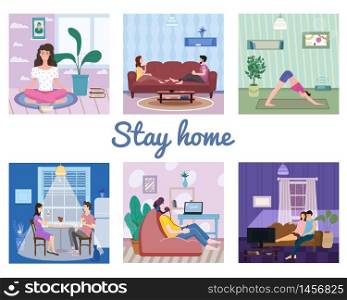 Set banner Stays at home. Woman character practicing yoga, Man listens to music. Young couple drink rea or coffee on, watching movies or TV shows. Set banner Stays at home. Woman character practicing yoga, Man listens to music. Young couple drink rea or coffee on, watching movies or TV shows social distancing quarantine. Vector social illustration during a virus pandemic. Banner isolated