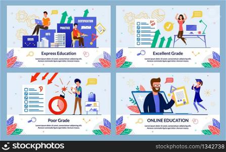 Set Banner, Written Excellent Grade, Cartoon. Online Education, Poor Grade, Express Education. Guy in Casual Clothes Angry Holding Sheet with Poor Grade, Bomb Explodes Nearby, Slide.