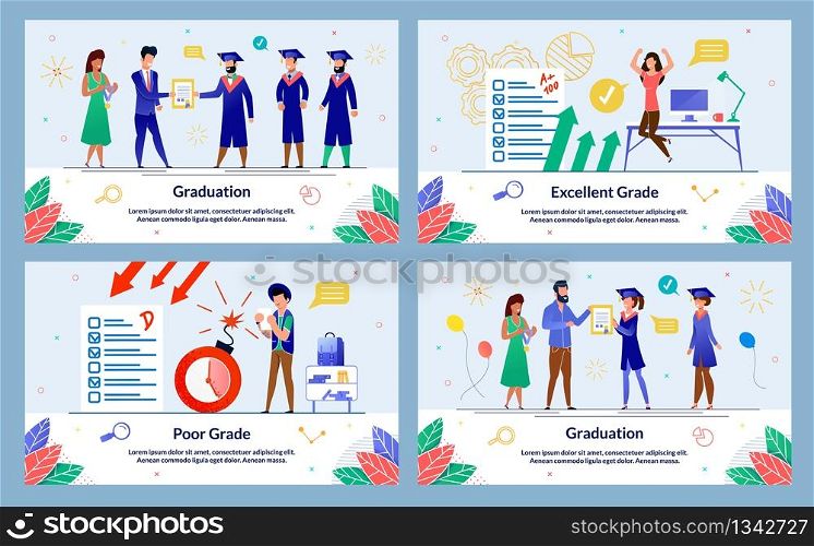 Set Banner Written Graduation, Excellent Grade. Poor Grade. Teachers give Diplomas and Awards to Graduates. Girl Student Jumping for Joy at High Score her Test. Vector Illustration.