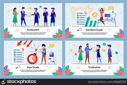 Set Banner Written Graduation, Excellent Grade. Poor Grade. Teachers give Diplomas and Awards to Graduates. Girl Student Jumping for Joy at High Score her Test. Vector Illustration.