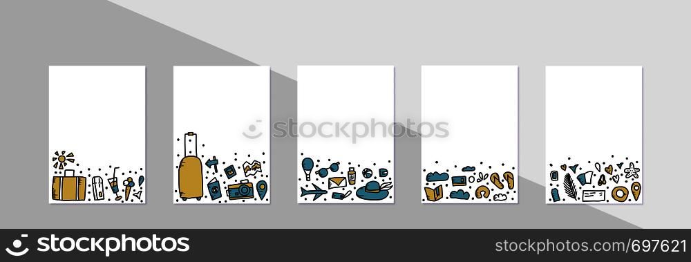 Set banners templates of travel symbols in doodle style. Backgrounds with hand drawn vector trip elements and space for text.