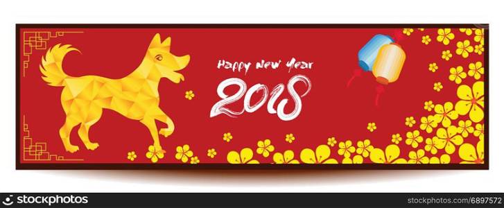 Set Banners with Chinese New Year Dog, Blossom cherry Flowers, Lanterns