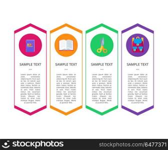 Set Banners with Round Buttons Containing Objects. Set of banners with round buttons containing abc book, open textbook, yellow scissors and school rucksacks vector illustrations in arrows on ends