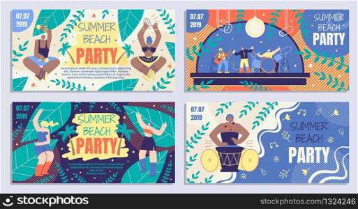 Set Beautiful Poster Summer Beach Party Cartoon. Coupon for Summer Party or Concert Musical Group. Beach Party Invitation Banner. Girls Dancing at Night in Sand. Vector Illustration.