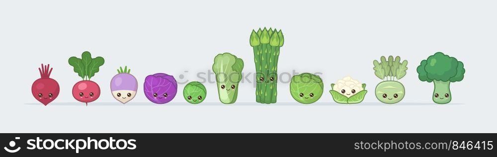 Set beets, radishes, turnips, cabbage, asparagus, broccoli. Cute kawaii smiling food. Vector illustration