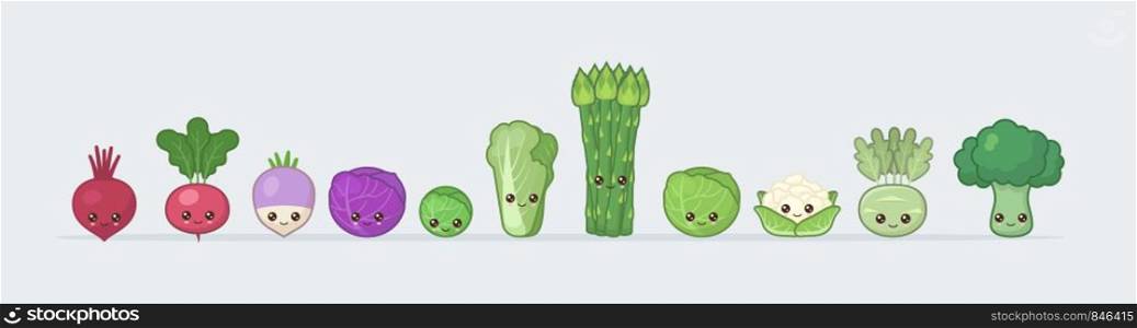 Set beets, radishes, turnips, cabbage, asparagus, broccoli. Cute kawaii smiling food. Vector illustration