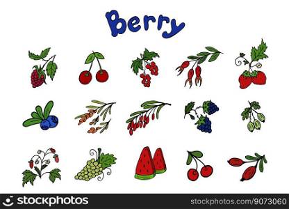 Set berries. Vector illustration. Icon in doodle style. Handwritten blue lettering berry. Simpl illustration for sticker pack, cover, postcards, print, social media, icon, scrapbooking.. Set berries. Vector illustration. Icon in doodle style. Handwritten blue lettering berry.