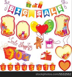 Set Big Sale elements for design - colorful gift boxes, presents, labels, teddy bear and numerals.