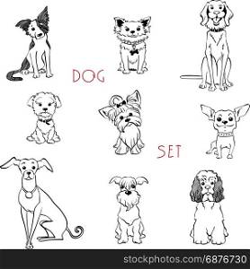 Set black and white dogs. Vector set black and white dogs different breeds
