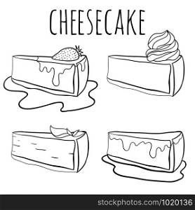 Set black and white illustration of cheesecake with different decorations for your design