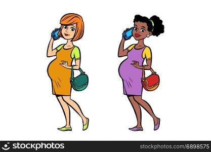 Set black and white pregnant woman with phone. Health and motherhood. Hand drawn illustration cartoon pop art retro vector style. Set black and white pregnant woman with phone