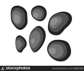 Set black basalt stones for massage, spa salon accessory. Vector illustration in flat style. Set of shiny black basalt stones for massage