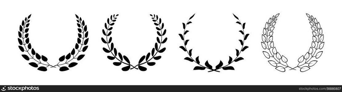 Set black silhouette circular laurel foliate, wheat and oak wreaths depicting an award, achievement, heraldry, nobility on white background. Emblem floral greek branch flat style