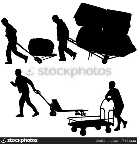 Set black silhouette hard worker pushing wheelbarrow and carry big box isolated on white background. Set black silhouette hard worker pushing wheelbarrow and carry big box isolated on white background.
