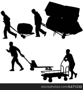 Set black silhouette hard worker pushing wheelbarrow and carry big box isolated on white background. Set black silhouette hard worker pushing wheelbarrow and carry big box isolated on white background.